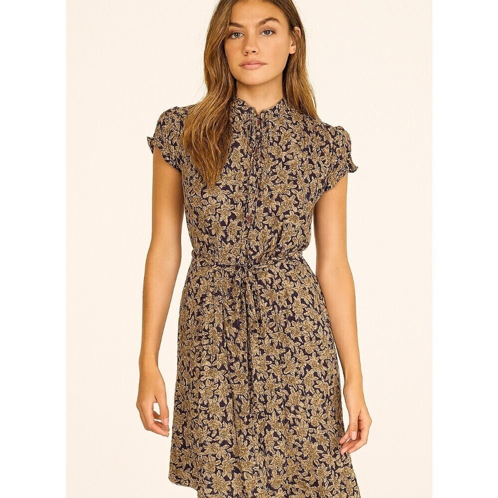 Popi vintage dress floral print waist tie 1/2 button cap sleeve Made in USA SZ S